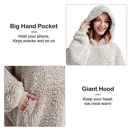 HORIMOTE HOME Oversized Sherpa Wearable Blanket Hoodie for Adults & Kids | Super Warm Light Brown thumbnail 5