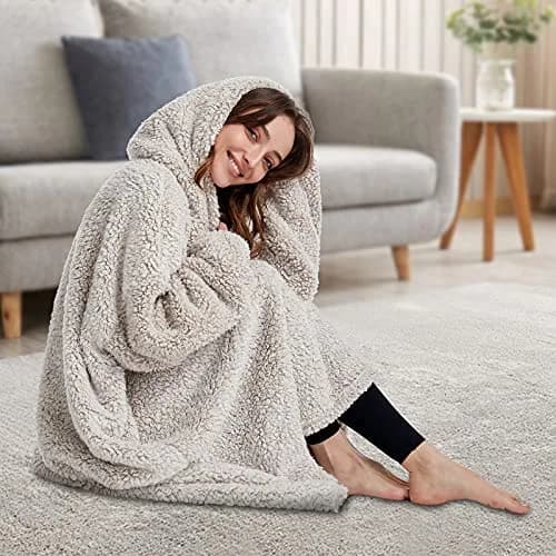 HORIMOTE HOME Oversized Sherpa Wearable Blanket Hoodie for Adults & Kids | Super Warm Light Brown thumbnail 2