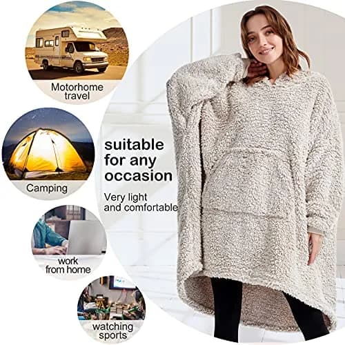 HORIMOTE HOME Oversized Sherpa Wearable Blanket Hoodie for Adults & Kids | Super Warm Light Brown thumbnail 3