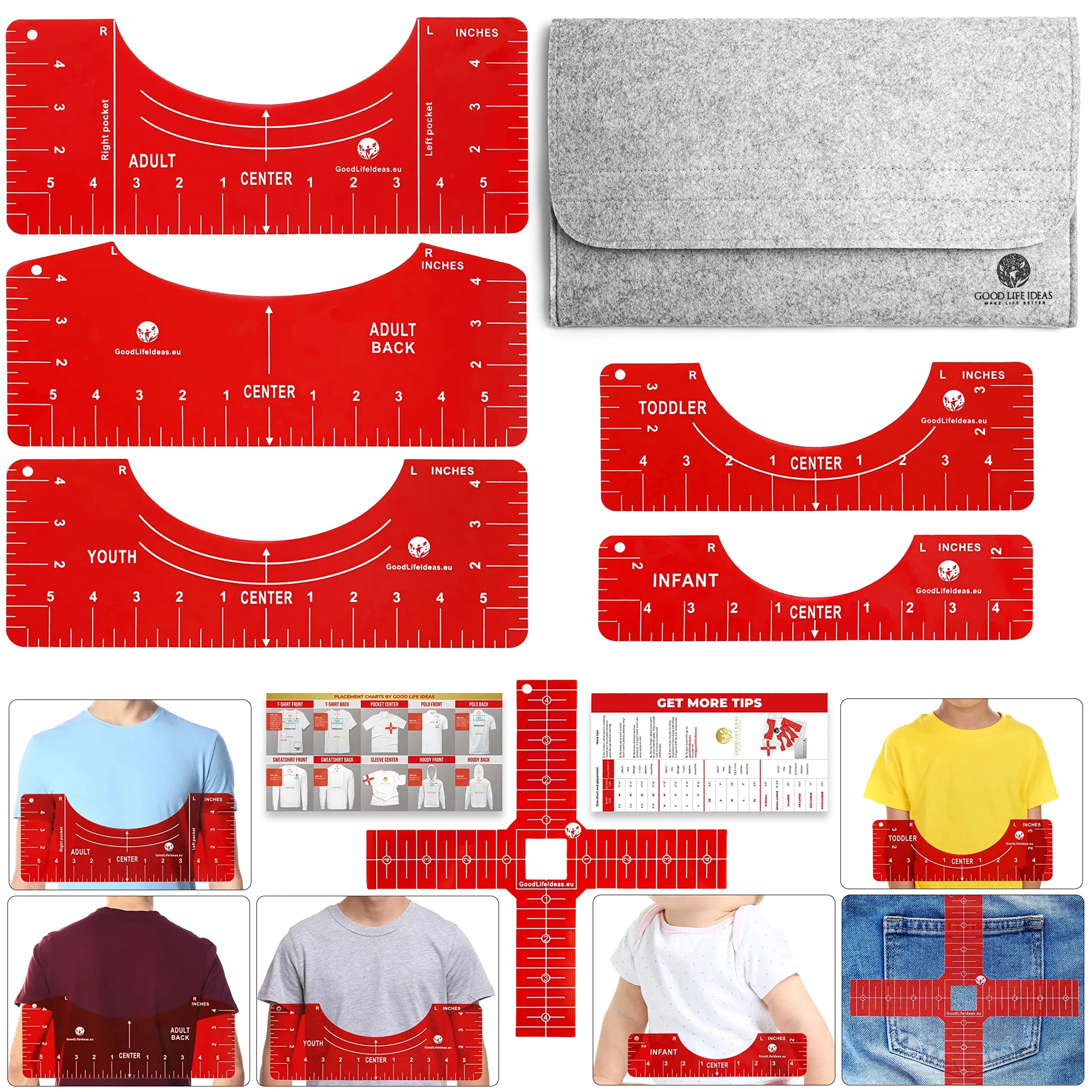 Good Life Ideas T-Shirt Ruler Guide Kit 5 Sizes | Clear PVC Alignment Tool for Heat Press & Vinyl Projects — Red