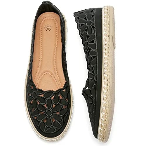 HEAWISH Women's PU Leather Ballet Flats Espadrille Loafers, Black, Size 5 | Breathable & Lightweight Summer Slip-Ons thumbnail 1