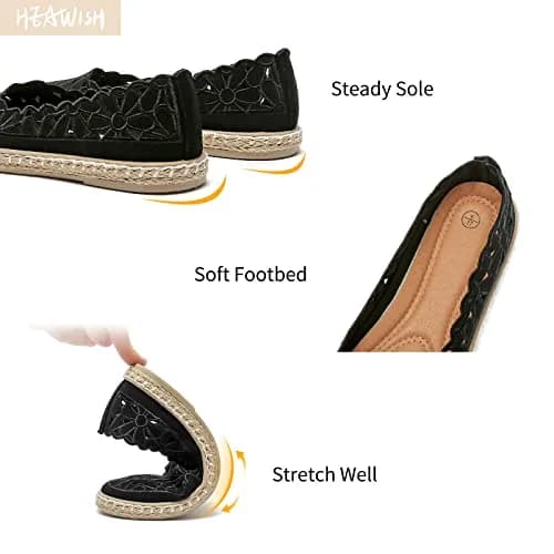 HEAWISH Women's PU Leather Ballet Flats Espadrille Loafers, Black, Size 5 | Breathable & Lightweight Summer Slip-Ons thumbnail 4