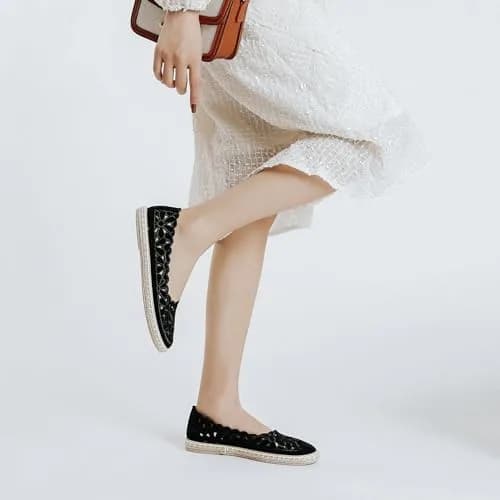 HEAWISH Women's PU Leather Ballet Flats Espadrille Loafers, Black, Size 5 | Breathable & Lightweight Summer Slip-Ons thumbnail 6