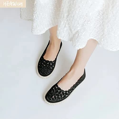 HEAWISH Women's PU Leather Ballet Flats Espadrille Loafers, Black, Size 5 | Breathable & Lightweight Summer Slip-Ons thumbnail 2