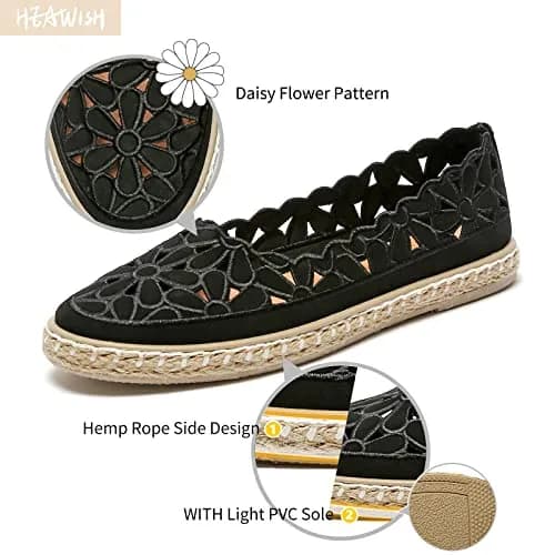 HEAWISH Women's PU Leather Ballet Flats Espadrille Loafers, Black, Size 5 | Breathable & Lightweight Summer Slip-Ons thumbnail 3