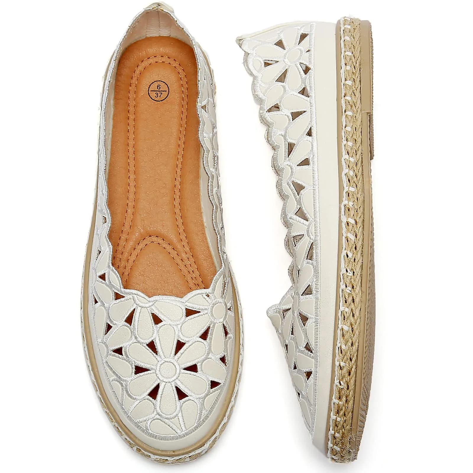HEAWISH Women's PU Leather Ballet Flats Espadrille Loafers, Black, Size 5 | Breathable & Lightweight Summer Slip-Ons — White / 9