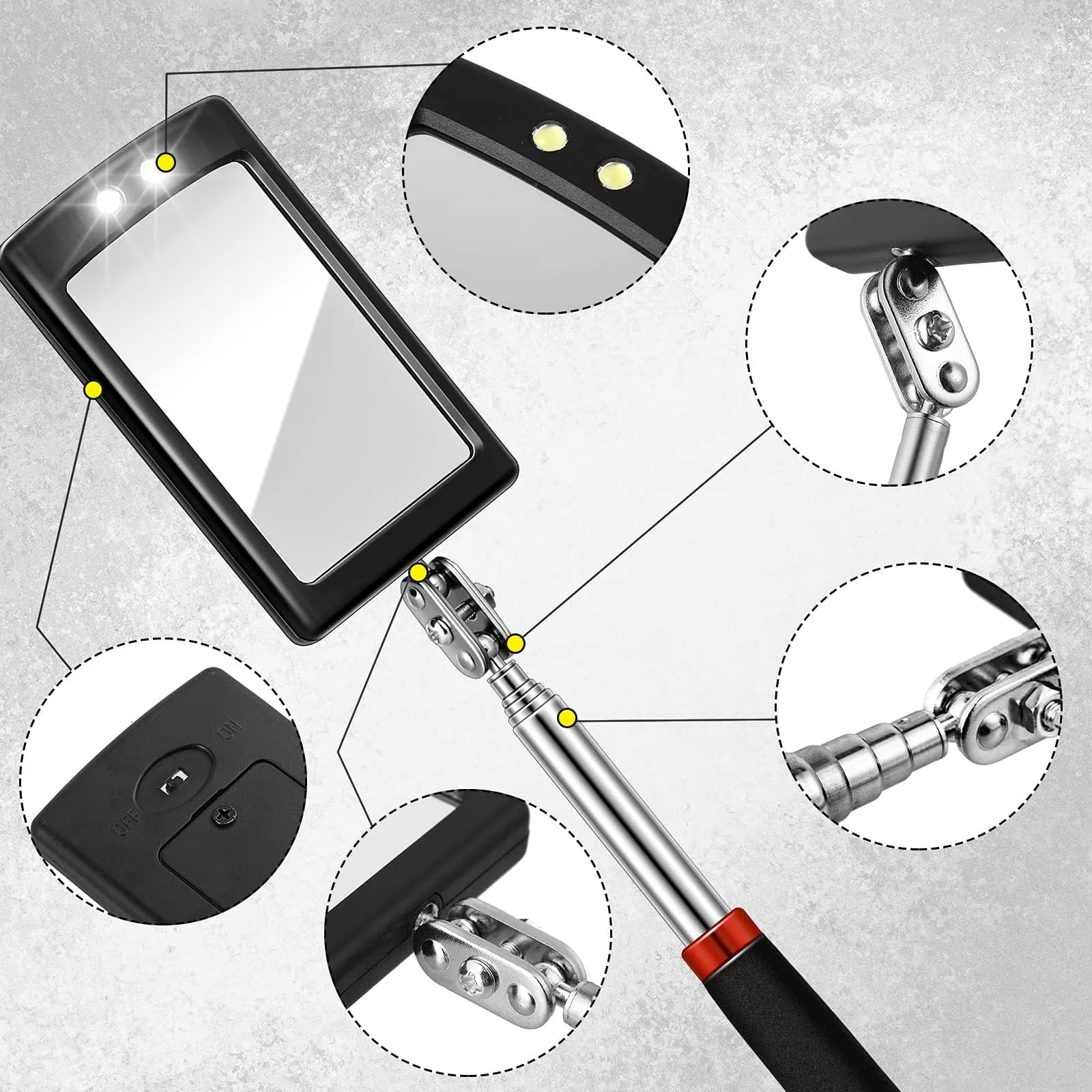 Tatuo 4-Piece Telescoping Inspection Mirror Set with LED Lights | Round & Square Heads, 20-23.5 cm Extended Reach - view 3