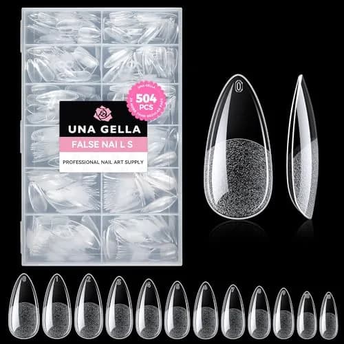 UNA GELLA Almond Gel Nail Tips 504PCS | Pre-Etched Clear Fake Nails for DIY Manicure thumbnail 1