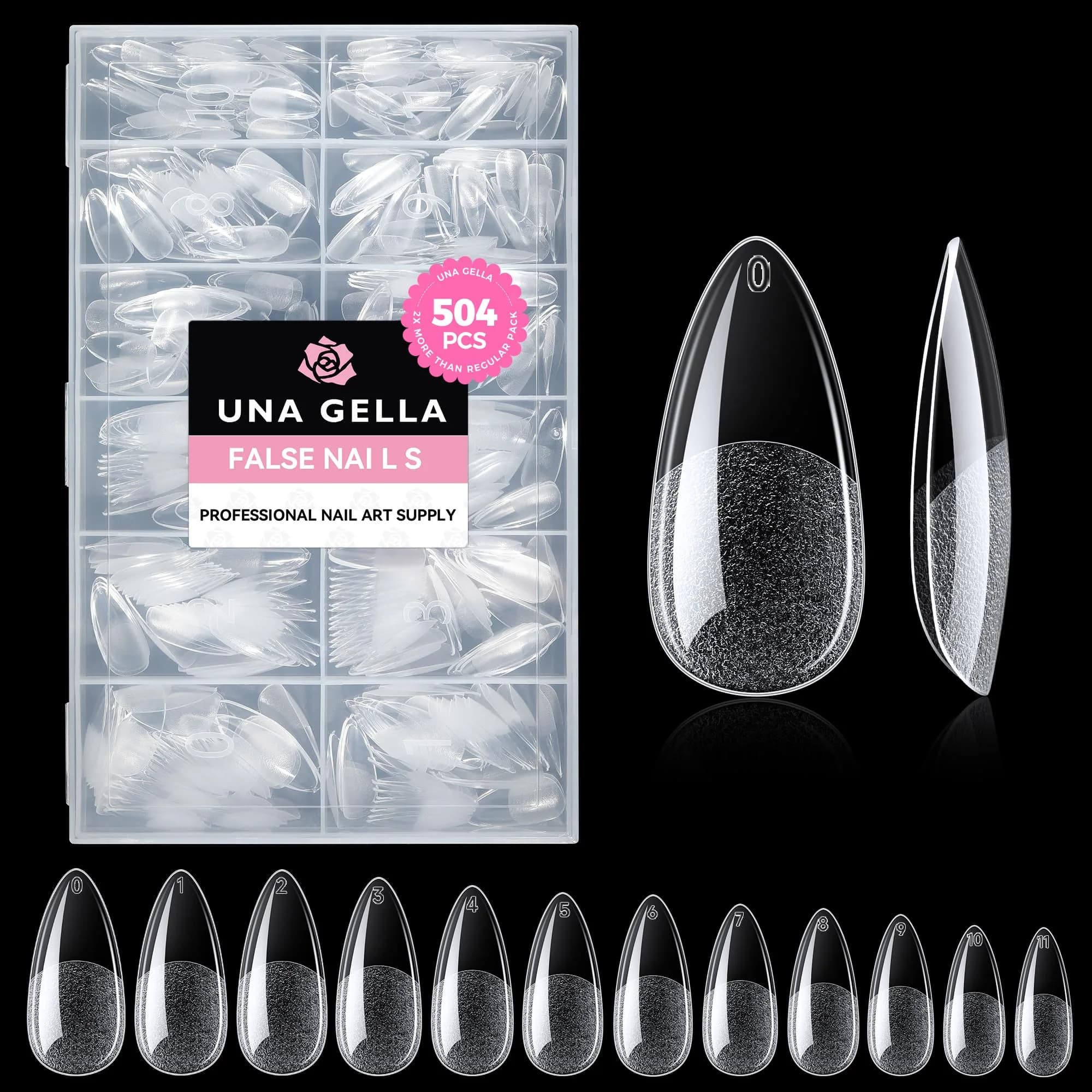 UNA GELLA Almond Gel Nail Tips 504PCS | Pre-Etched Clear Fake Nails for DIY Manicure