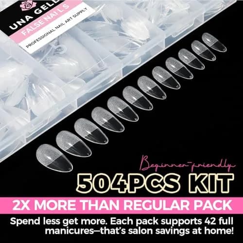 UNA GELLA Almond Gel Nail Tips 504PCS | Pre-Etched Clear Fake Nails for DIY Manicure thumbnail 9