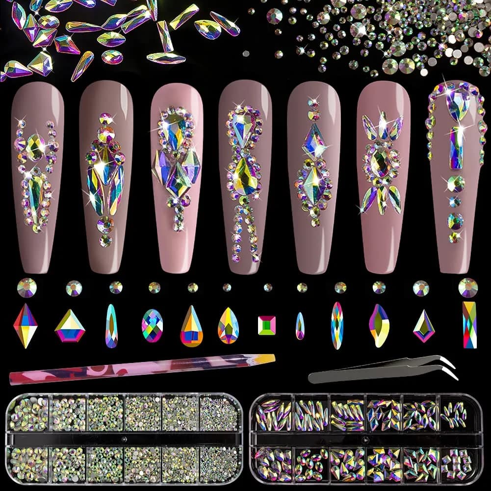 BELLEBOOST Multi Shapes 3D Glass AB Crystal Nail Art Rhinestones Kit with Pickup Pen & Tweezer | Iridescent Nail Decoration — Multi-Shaped Crystal AB