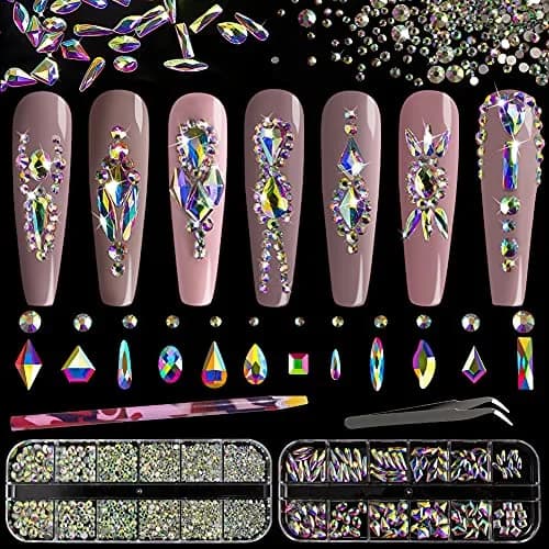 BELLEBOOST Multi Shapes 3D Glass AB Crystal Nail Art Rhinestones Kit with Pickup Pen & Tweezer | Iridescent Nail Decoration thumbnail 1