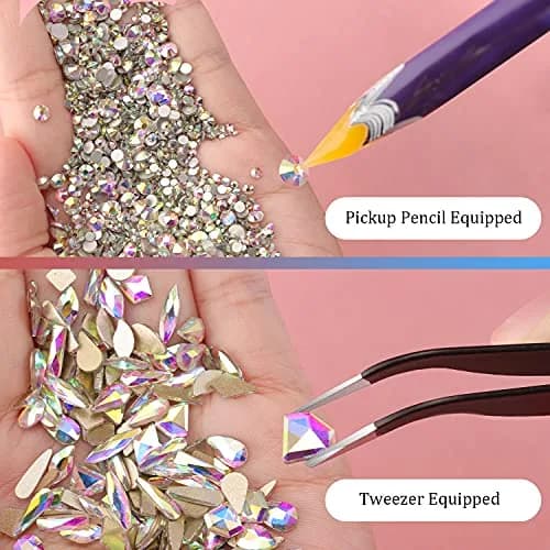 BELLEBOOST Multi Shapes 3D Glass AB Crystal Nail Art Rhinestones Kit with Pickup Pen & Tweezer | Iridescent Nail Decoration thumbnail 5