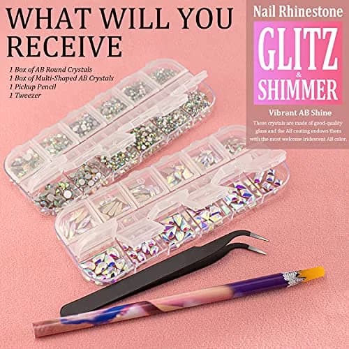 BELLEBOOST Multi Shapes 3D Glass AB Crystal Nail Art Rhinestones Kit with Pickup Pen & Tweezer | Iridescent Nail Decoration thumbnail 6