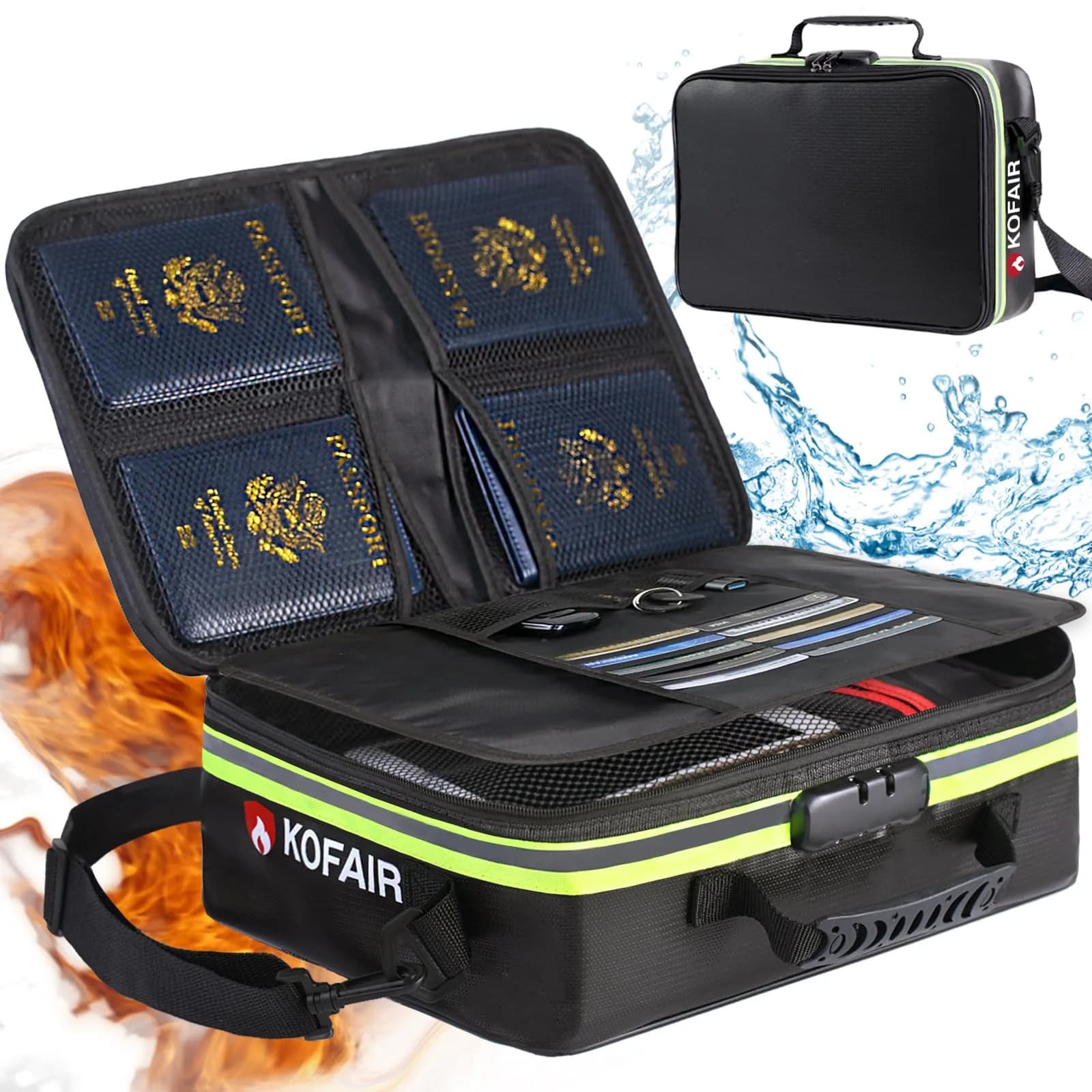 KOFAIR Fireproof Document Bag with Lock & Reflective Strip, 16 x 11 x 5 inch, 29 Compartments | Quick Grab & Go Emergency Organizer — X-Large