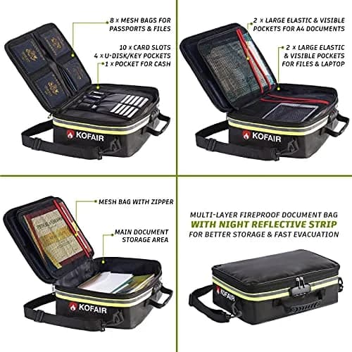 KOFAIR Fireproof Document Bag with Lock & Reflective Strip, 16 x 11 x 5 inch, 29 Compartments | Quick Grab & Go Emergency Organizer thumbnail 3