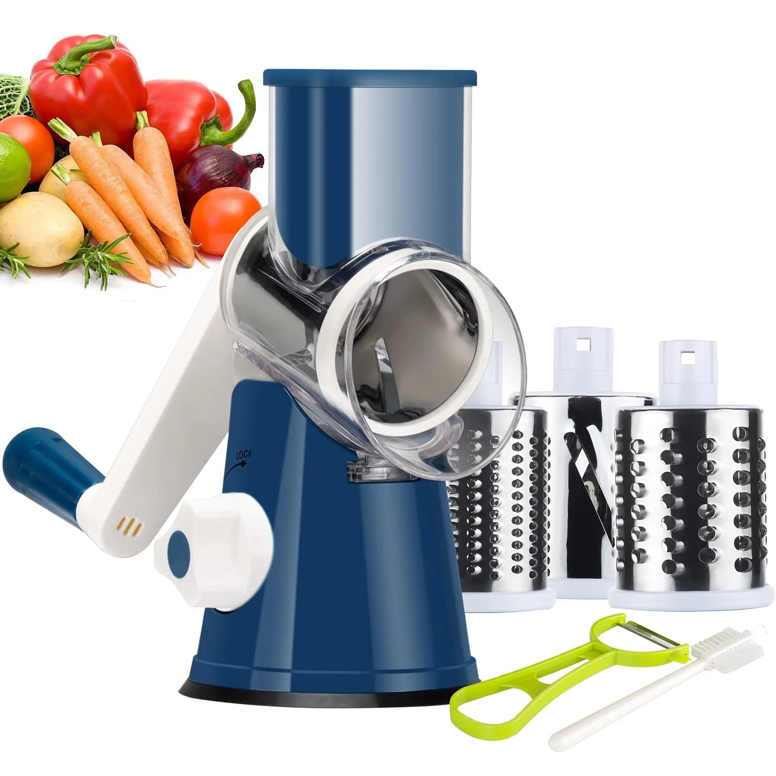 Ourokhome Rotary Cheese Grater Hand Crank | 3 Blades for Cheese & Vegetables, 304 Stainless Steel, Dark Blue — C-Dark Blue