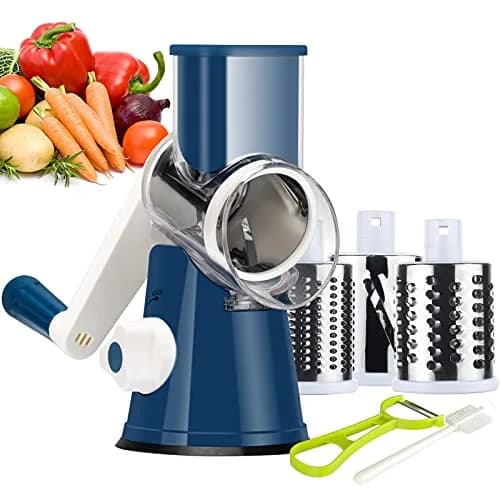 Ourokhome Rotary Cheese Grater Hand Crank | 3 Blades for Cheese & Vegetables, 304 Stainless Steel, Dark Blue thumbnail 1