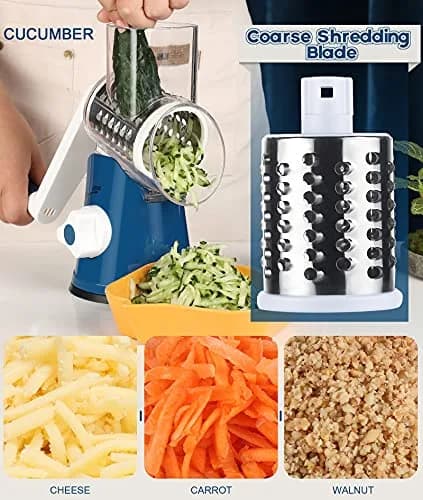 Ourokhome Rotary Cheese Grater Hand Crank | 3 Blades for Cheese & Vegetables, 304 Stainless Steel, Dark Blue thumbnail 4