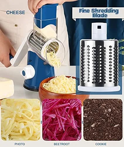 Ourokhome Rotary Cheese Grater Hand Crank | 3 Blades for Cheese & Vegetables, 304 Stainless Steel, Dark Blue thumbnail 5