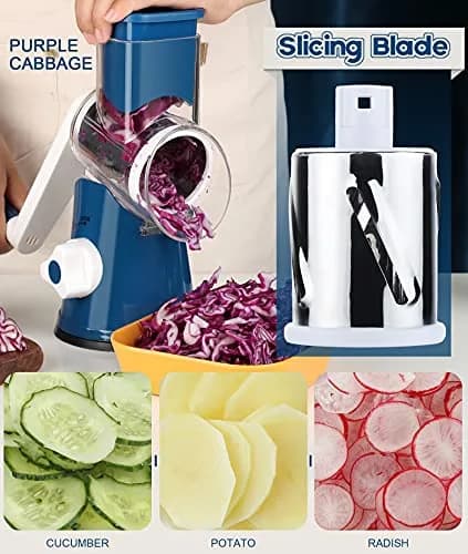 Ourokhome Rotary Cheese Grater Hand Crank | 3 Blades for Cheese & Vegetables, 304 Stainless Steel, Dark Blue thumbnail 3