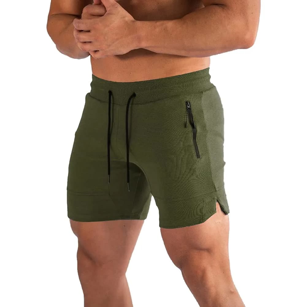 PIDOGYM Men's 5" Gym Shorts with Zipper Pockets for Running & Workout | Lightweight, Breathable Polyester Blend — Army Green / Large