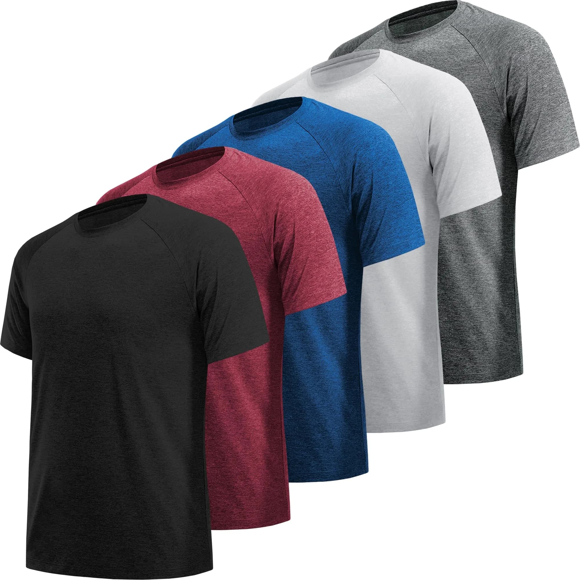MLYENX 5 Pack Workout Shirts for Men Regular Fit | Quick Dry Moisture Wicking Active T-Shirts (Large) — Black, Dark Grey, Light Grey, Wine Red, Dark Blue