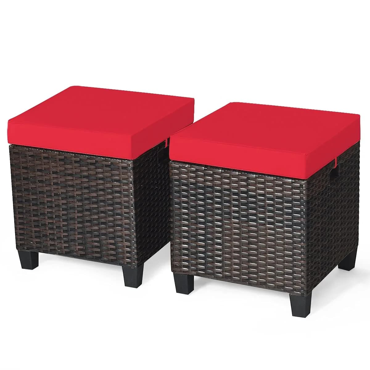 BETTARY 2PCS Patio Outdoor Ottomans | Rattan Wicker Set with Removable Cushions, Red (16x16x18 in)