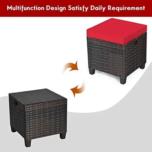 BETTARY 2PCS Patio Outdoor Ottomans | Rattan Wicker Set with Removable Cushions, Red (16x16x18 in) thumbnail 4