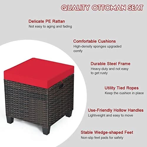 BETTARY 2PCS Patio Outdoor Ottomans | Rattan Wicker Set with Removable Cushions, Red (16x16x18 in) thumbnail 7