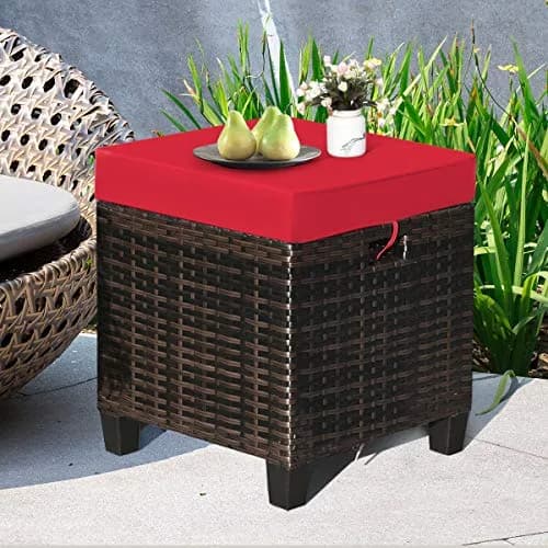 BETTARY 2PCS Patio Outdoor Ottomans | Rattan Wicker Set with Removable Cushions, Red (16x16x18 in) thumbnail 8