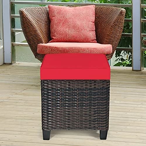 BETTARY 2PCS Patio Outdoor Ottomans | Rattan Wicker Set with Removable Cushions, Red (16x16x18 in) thumbnail 9