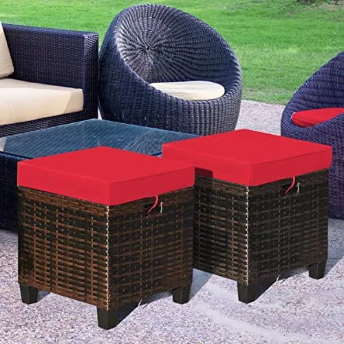 BETTARY 2PCS Patio Outdoor Ottomans | Rattan Wicker Set with Removable Cushions, Red (16x16x18 in) thumbnail 2