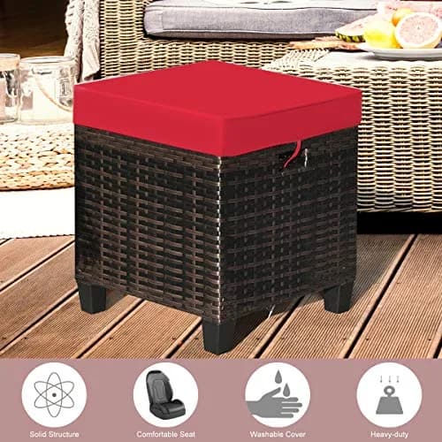 BETTARY 2PCS Patio Outdoor Ottomans | Rattan Wicker Set with Removable Cushions, Red (16x16x18 in) thumbnail 3
