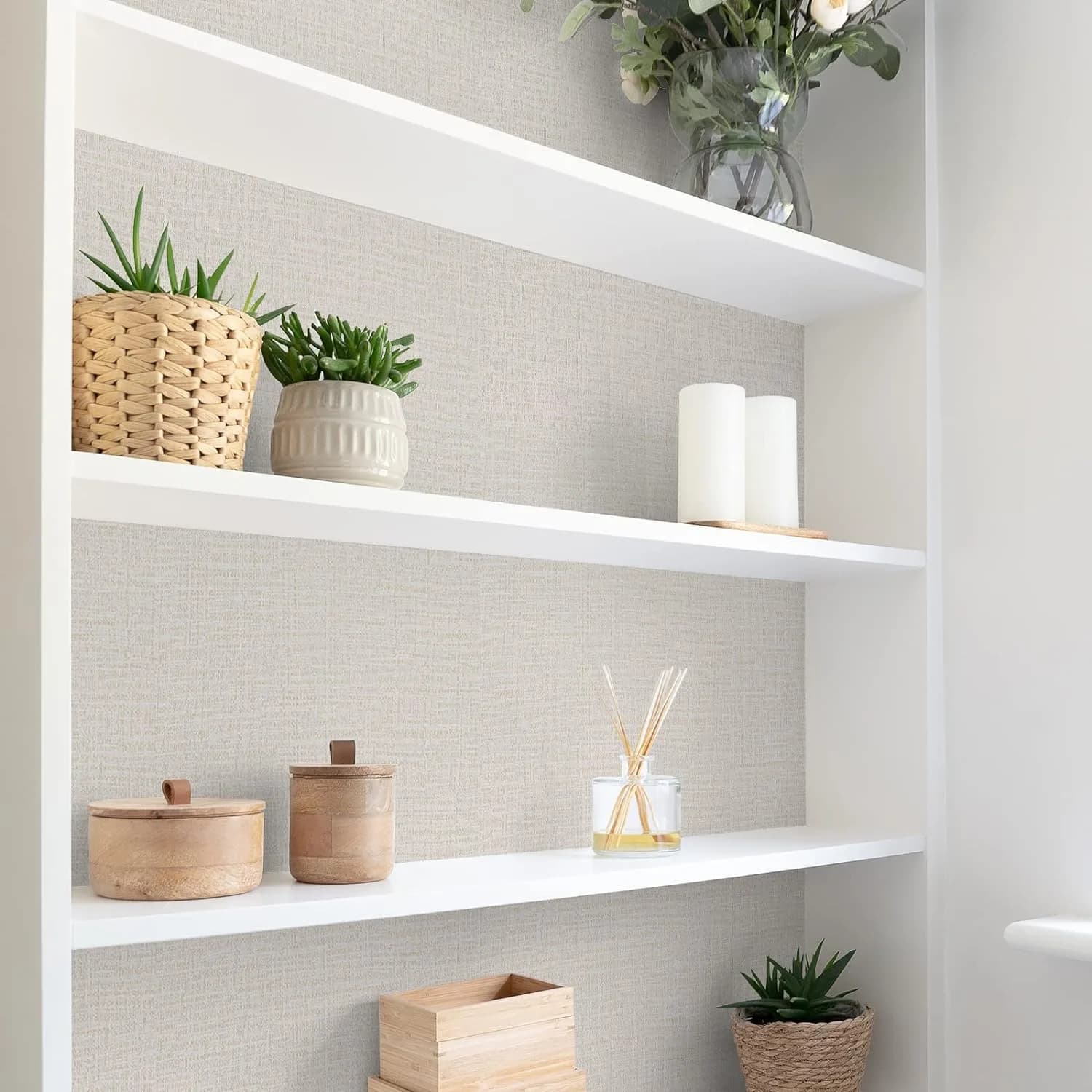 TANONE Grasscloth Peel and Stick Wallpaper 40cm (15.7 in) x 500cm (197 in) | Beige Linen Texture, Waterproof, Easy Install - view 6