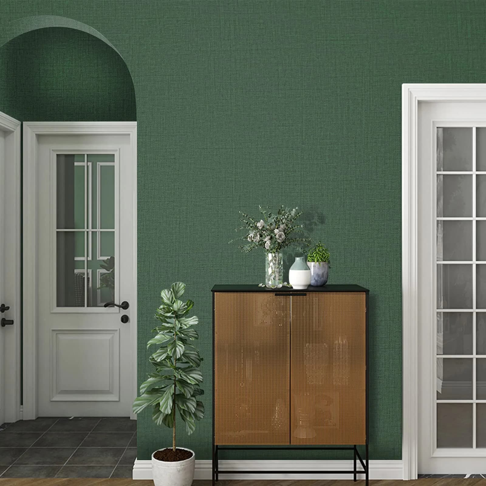 TANONE Dark Green Grasscloth Peel and Stick Wallpaper 40.1 cm x 5 m | Realistic Textured Linen Finish - view 4