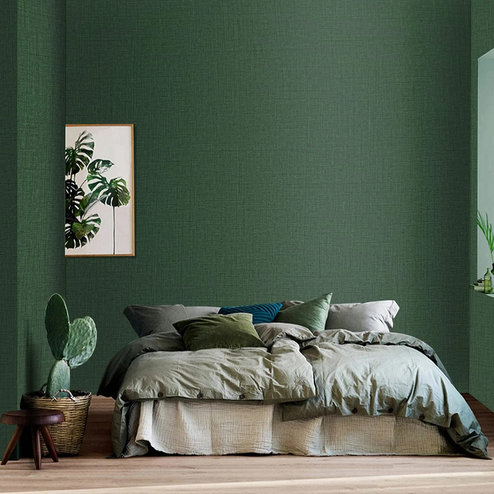 TANONE Dark Green Grasscloth Peel and Stick Wallpaper 40.1 cm x 5 m | Realistic Textured Linen Finish - view 2