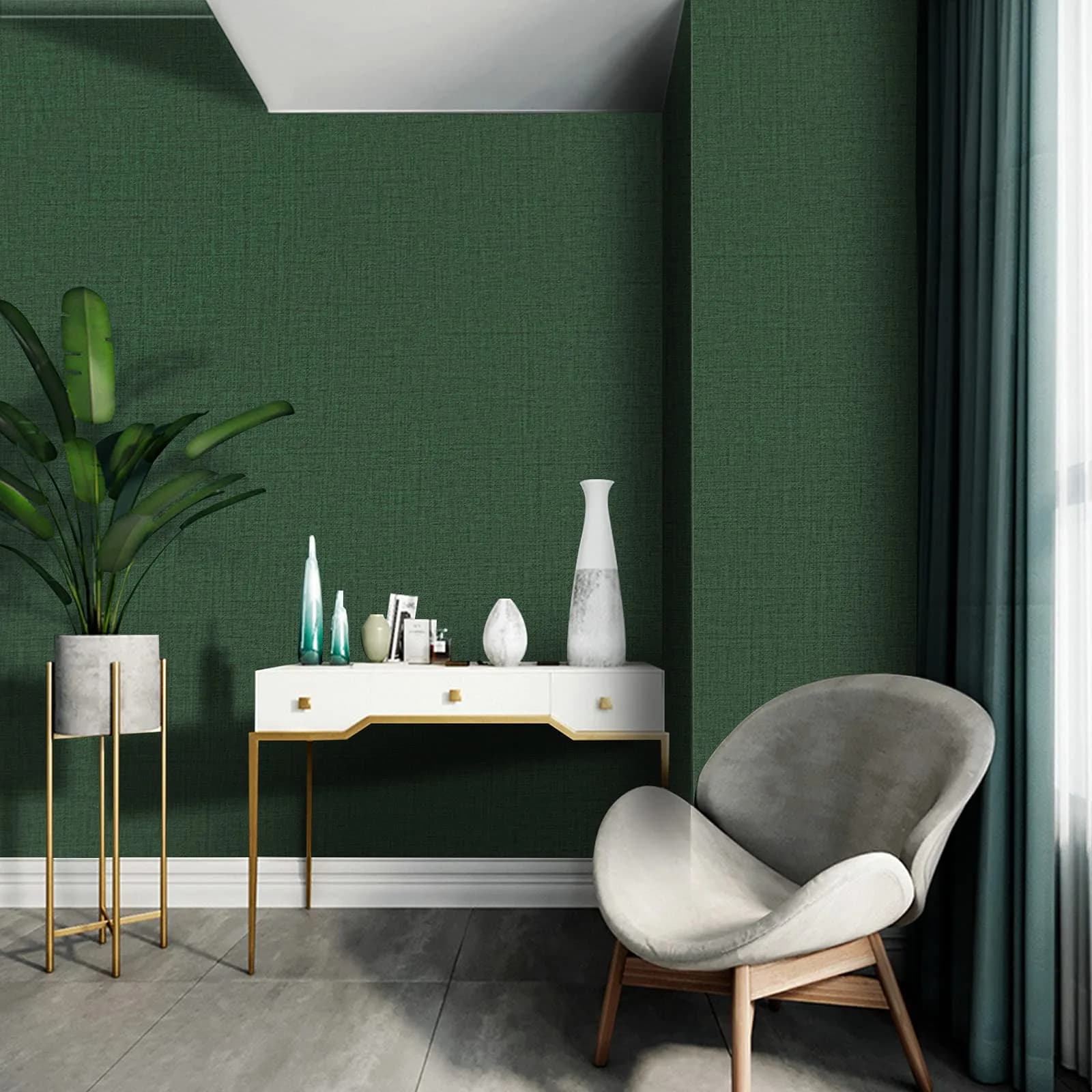 TANONE Dark Green Grasscloth Peel and Stick Wallpaper 40.1 cm x 5 m | Realistic Textured Linen Finish - view 3