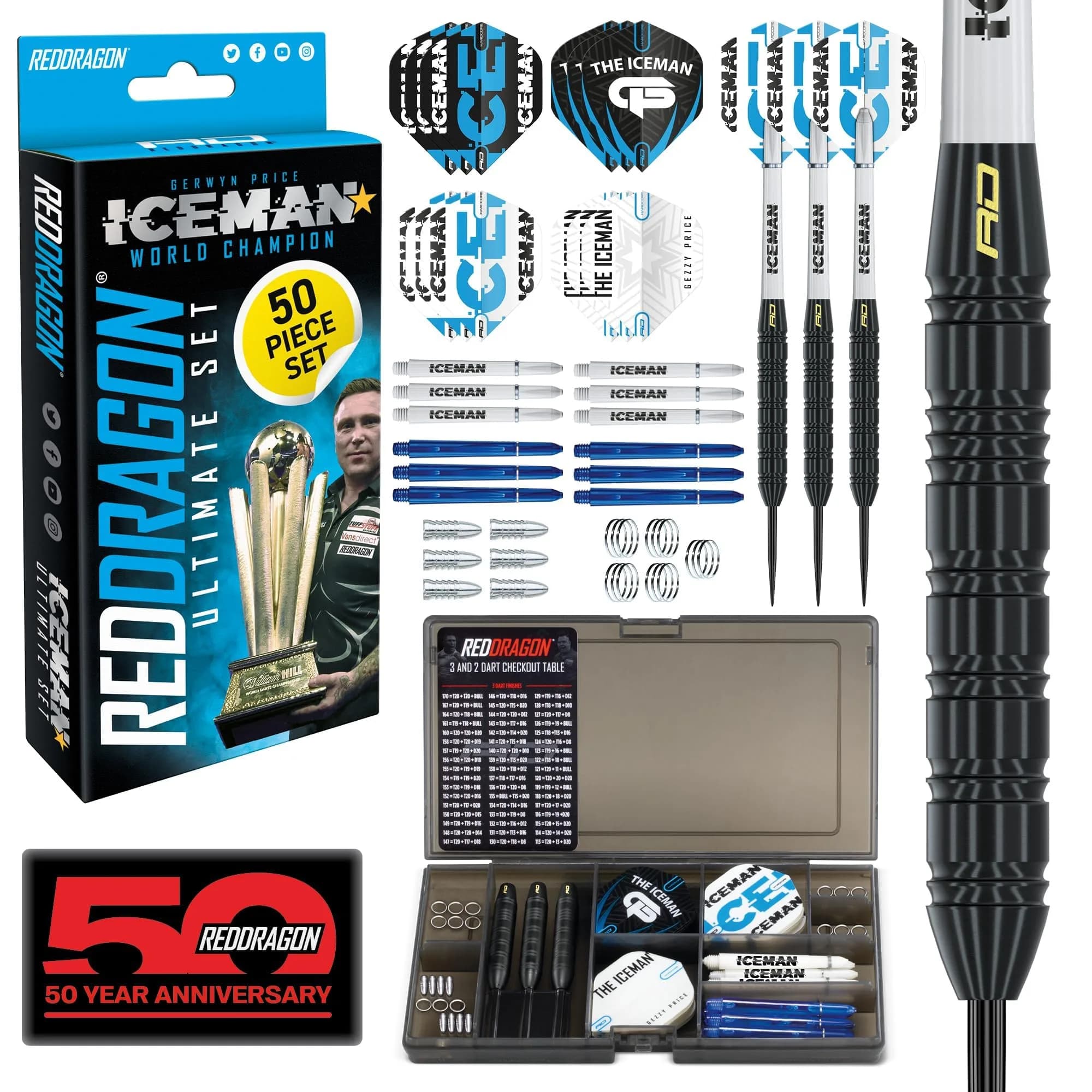 RED DRAGON Gerwyn Price Iceman 22g Brass Steel Tip Darts Set with Case | 50-Piece Complete Kit for Home, League & Pub Play — Multi-coloured