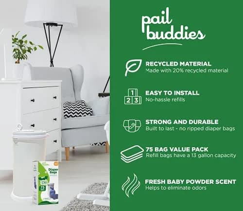 Pail Buddies Diaper Pail Refill Bags 75 Count | Odor Control, Tear-Resistant, 13-Gallon Capacity thumbnail 3