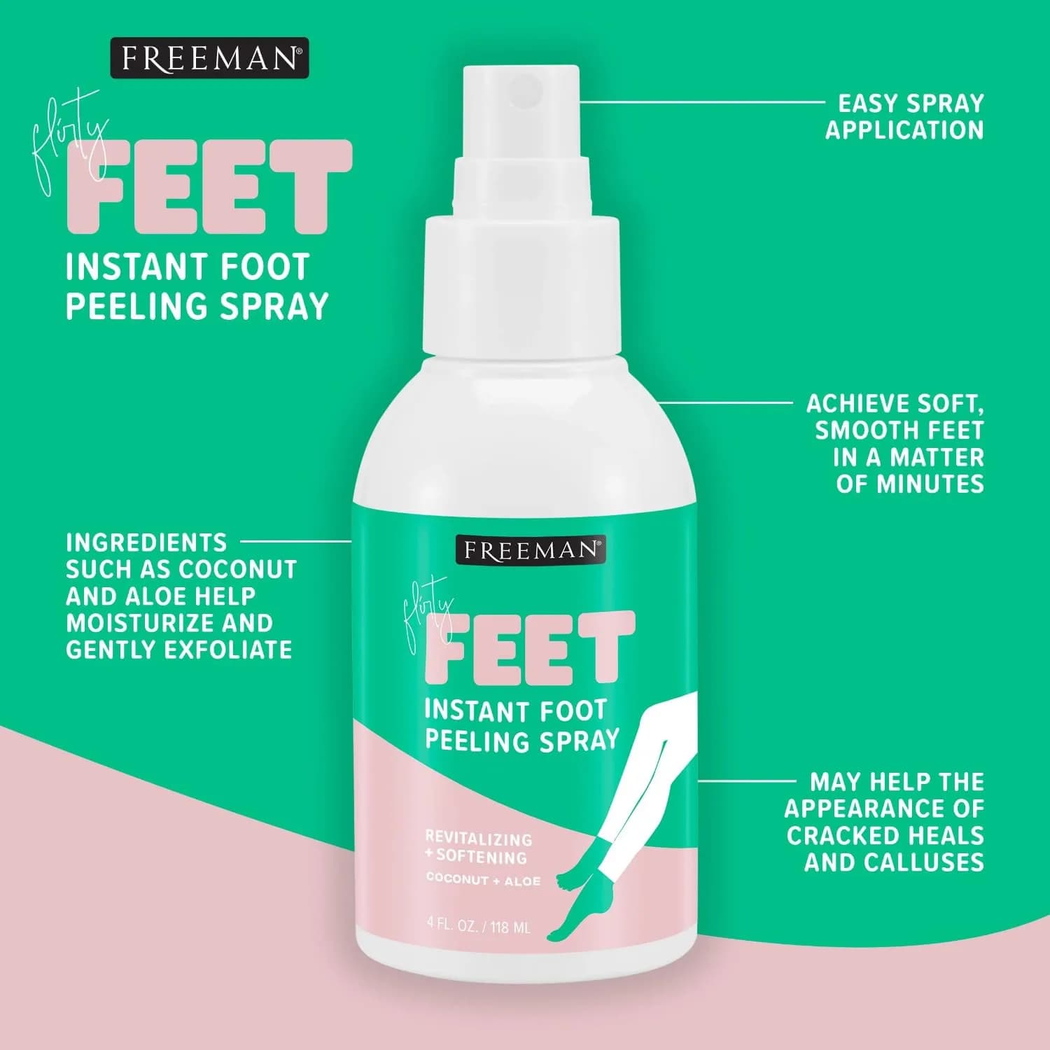 Freeman Flirty Feet Coconut & Aloe Foot Peeling Spray 118ml (4 fl.oz.) | Exfoliates Dead Skin for Soft, Smooth Feet - view 3