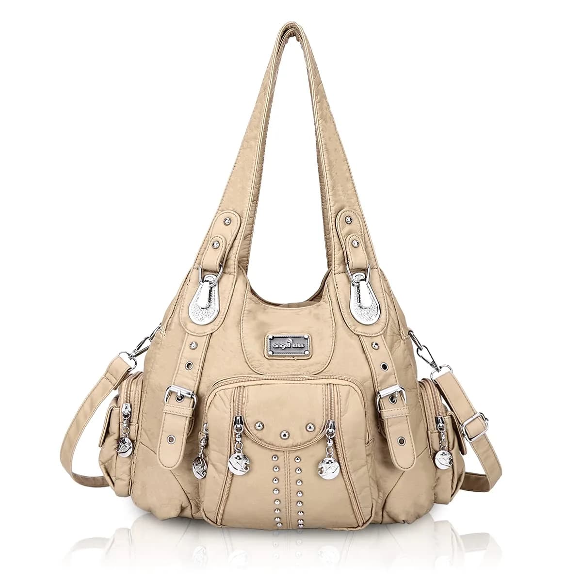 Angel Kiss Large Hobo Handbag Apricot | Soft PU Leather Top Handle Satchel Shoulder Bag