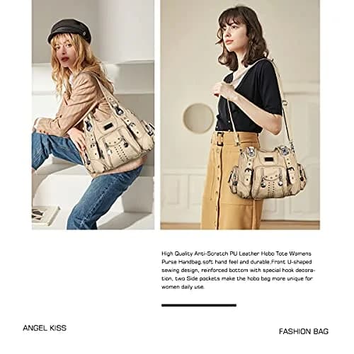 Angel Kiss Large Hobo Handbag Apricot | Soft PU Leather Top Handle Satchel Shoulder Bag thumbnail 2