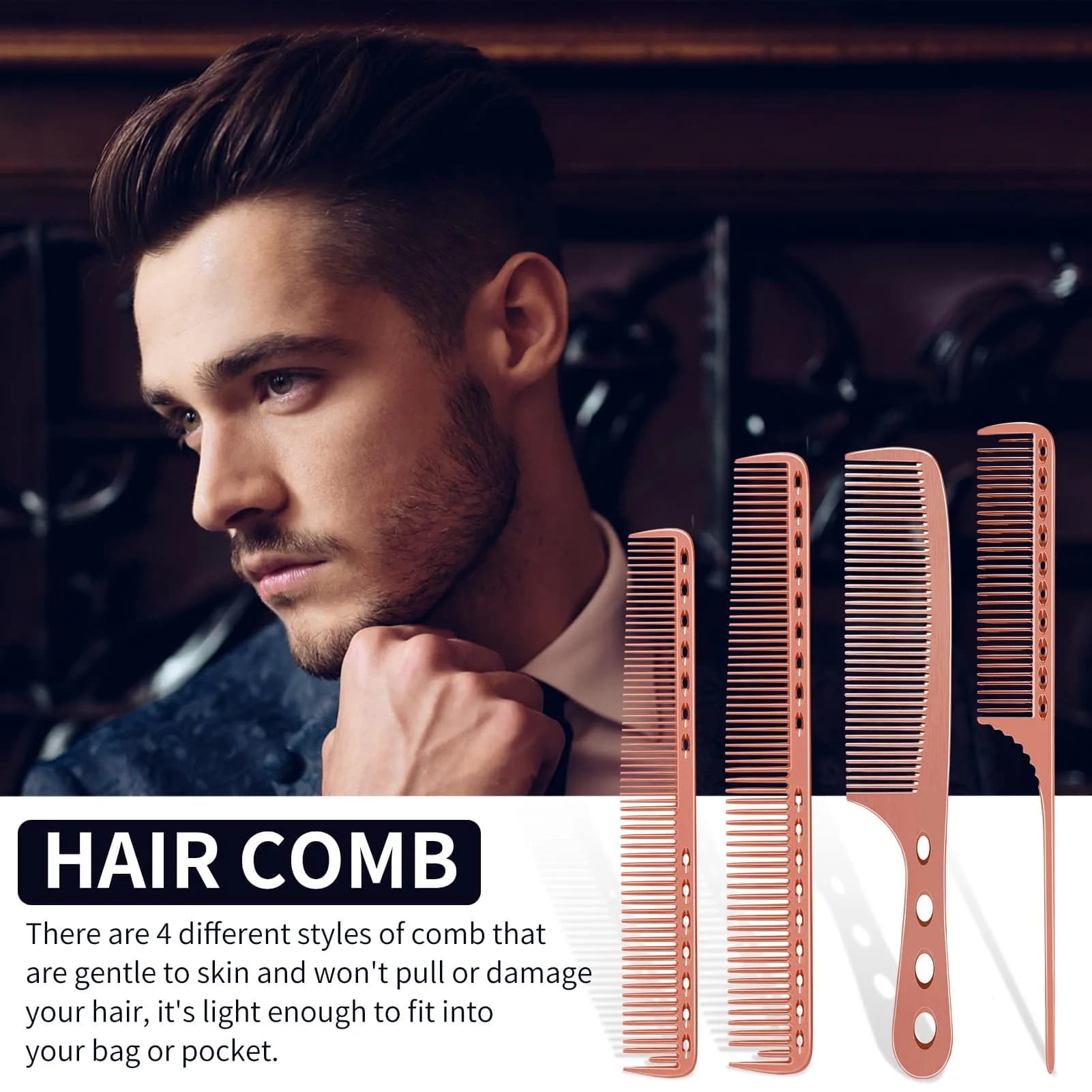 CGBARBER Professional Barber Aluminum Comb Set with Tail Comb (Rose Gold) | 4-Piece Styling & Cutting Set - view 2