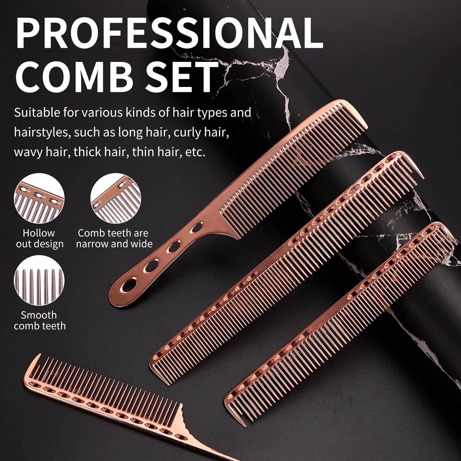 CGBARBER Professional Barber Aluminum Comb Set with Tail Comb (Rose Gold) | 4-Piece Styling & Cutting Set - view 3