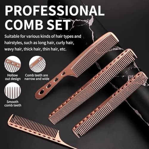 CGBARBER Professional Barber Aluminum Comb Set with Tail Comb (Rose Gold) | 4-Piece Styling & Cutting Set thumbnail 3