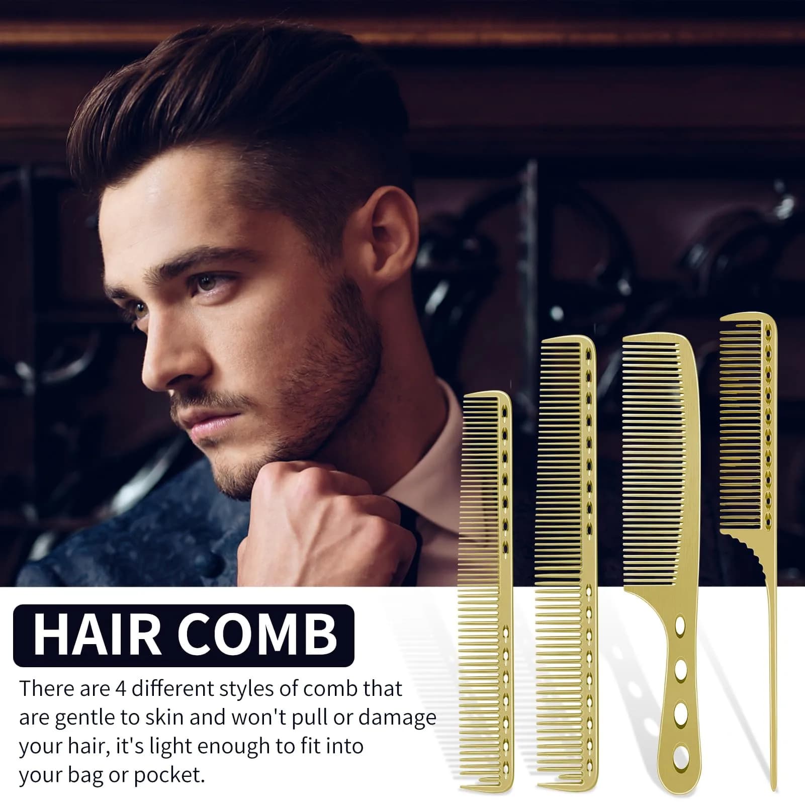 CGBARBER 4 Types Aluminum Hair Combs Set | Golden Metal Styling & Cutting Combs - view 2