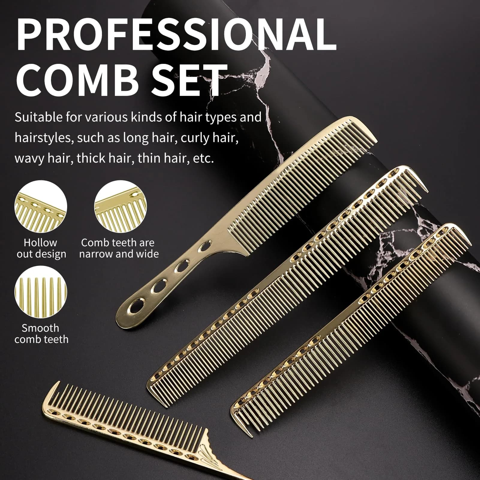 CGBARBER 4 Types Aluminum Hair Combs Set | Golden Metal Styling & Cutting Combs - view 3