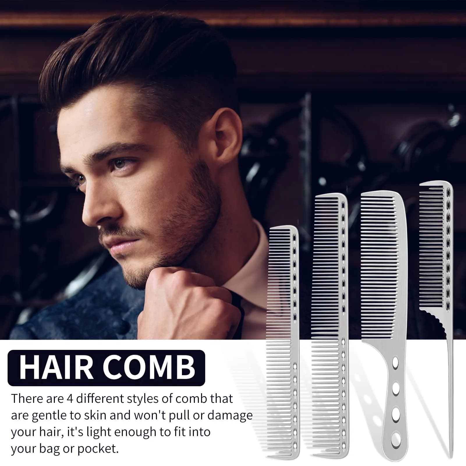 CGBARBER Silver Aluminum Hair Comb Set | 4-Piece Styling & Cutting Comb Kit - view 2