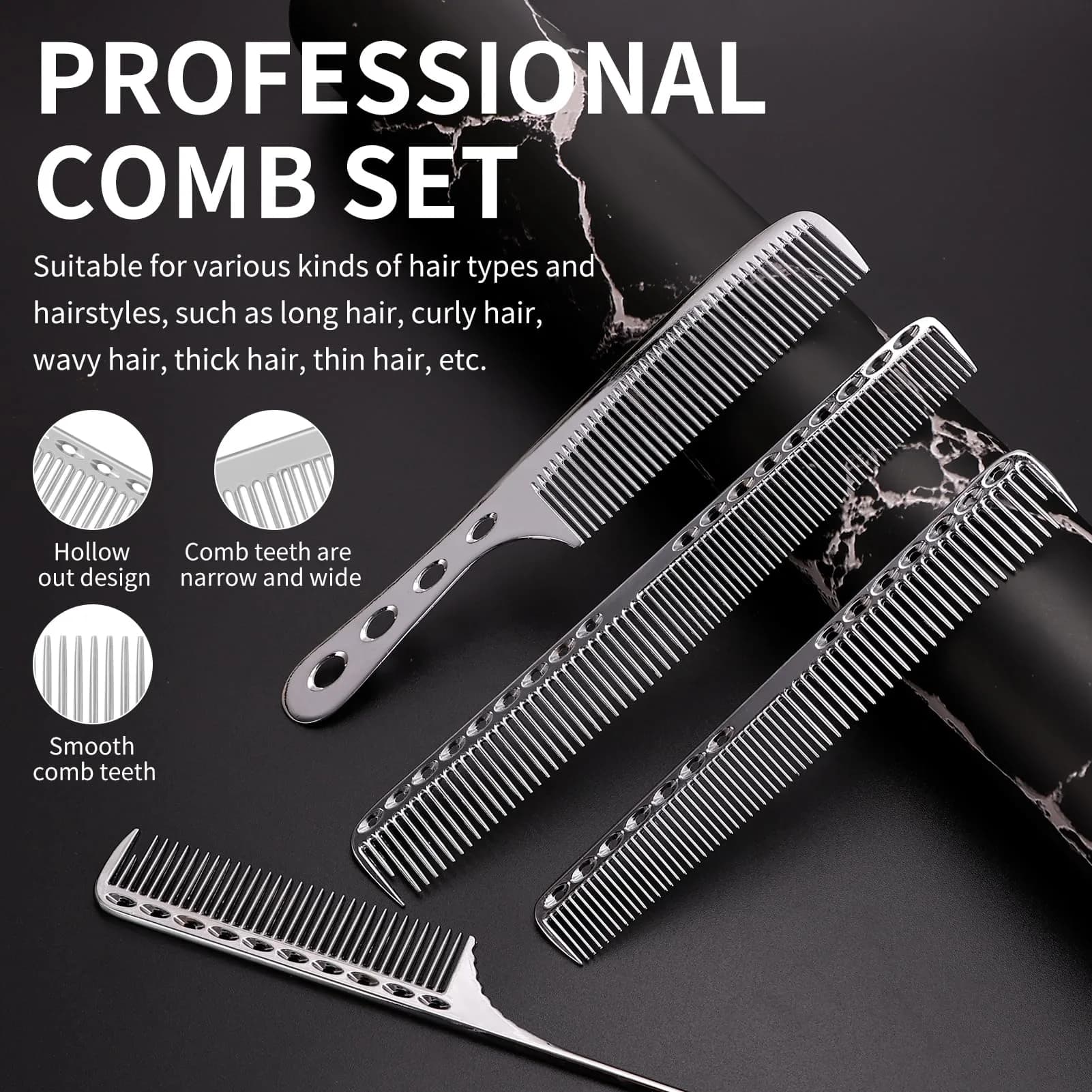 CGBARBER Silver Aluminum Hair Comb Set | 4-Piece Styling & Cutting Comb Kit - view 3